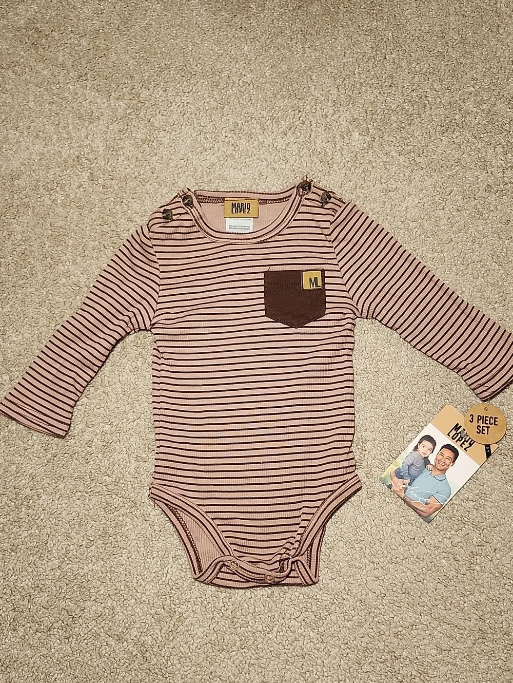 Mario Lopez Kids Baby Boy 3-Piece Set Striped Bodysuit Pants Hat 3/6 M NWT